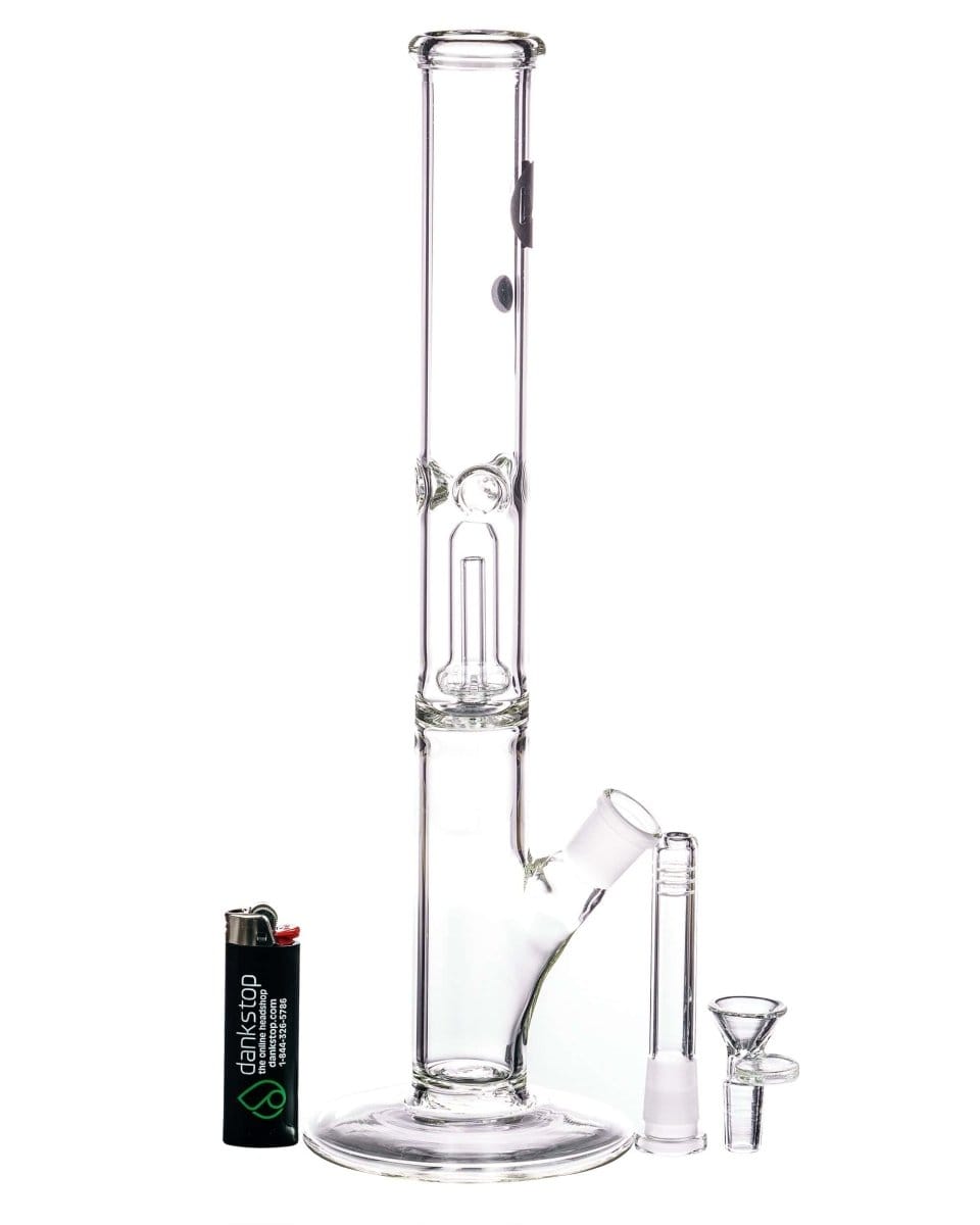 A studio shot of the 12" Clear Single UFO Showerhead Perc Straight Tube, angled to showcase its clear glass construction.
