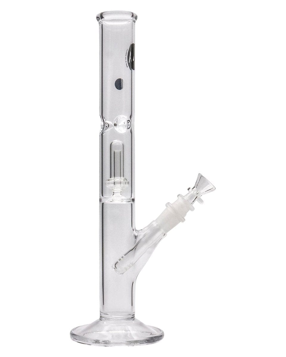 Front view of the 12" Clear Single UFO Showerhead Perc Straight Tube, showcasing its tall, slender form and clear glass construction.