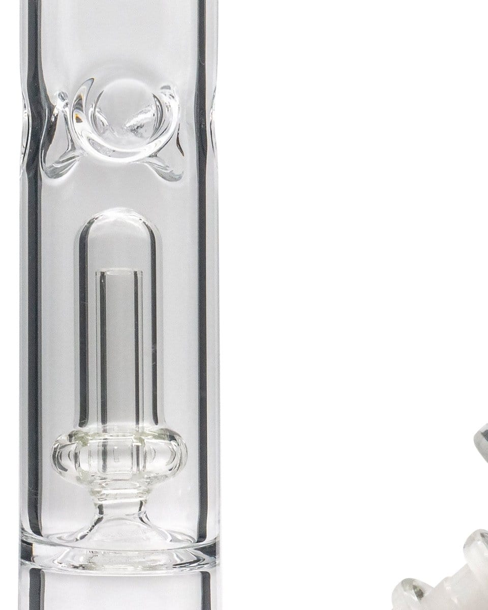 A front view of the 12" Clear Single UFO Showerhead Perc Straight Tube, showcasing its clear glass construction and simple cylindrical form.