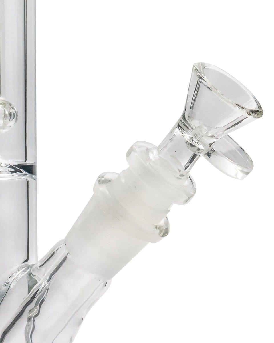 Close-up of the 12" Clear Single UFO Showerhead Perc Straight Tube’s mouthpiece, showing its clear glass construction and simple design.