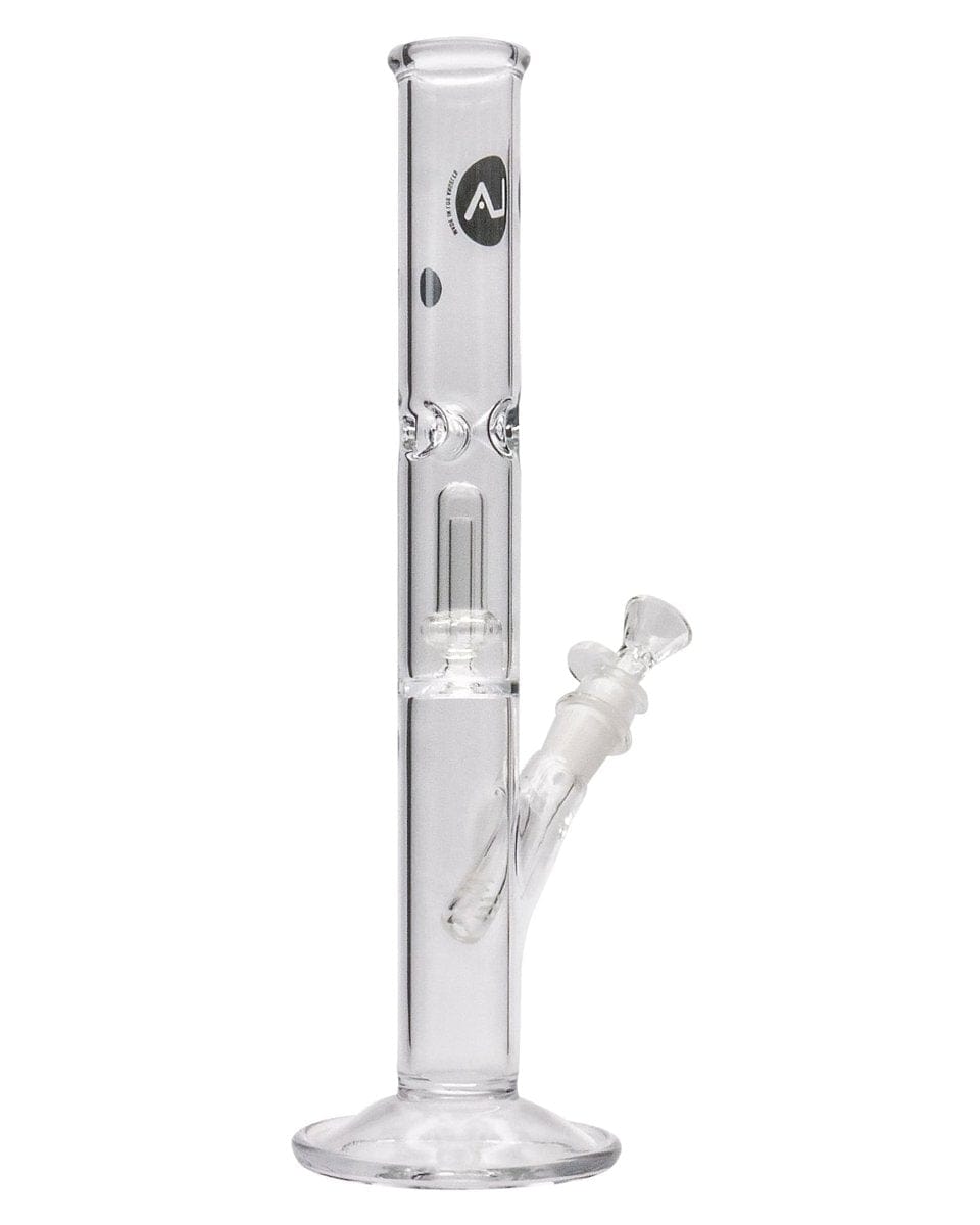 A straight-on view of the 12" Clear Single UFO Showerhead Perc Straight Tube, showcasing its clear glass construction and simple cylindrical form.