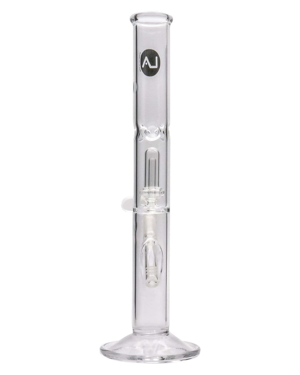 Front view of the 12" Clear Single UFO Showerhead Perc Straight Tube, showcasing its clear glass construction and simple cylindrical shape.