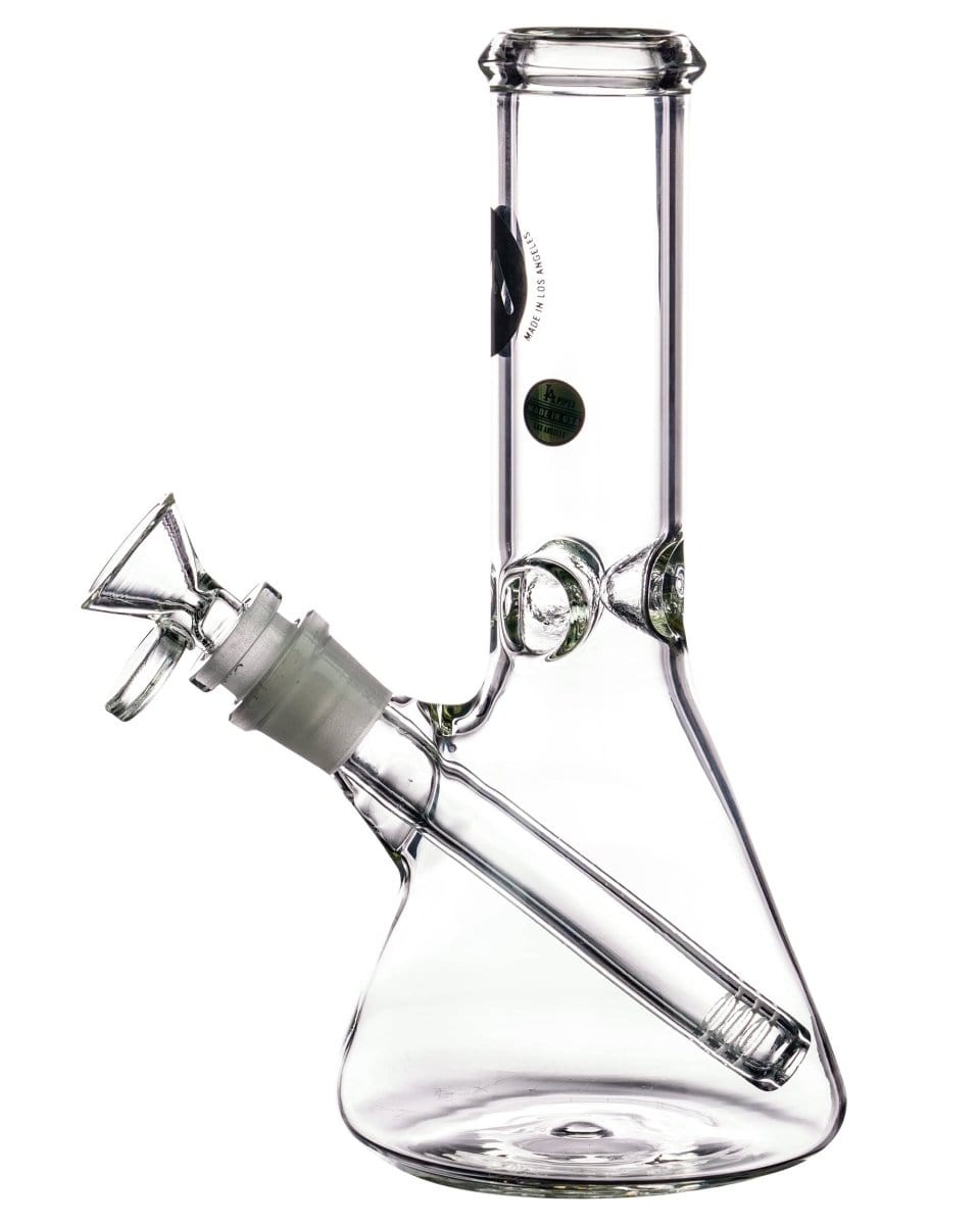 A studio shot of the 8" Thick Glass Beaker Waterpipe, showcasing its clear glass construction and simple beaker shape.