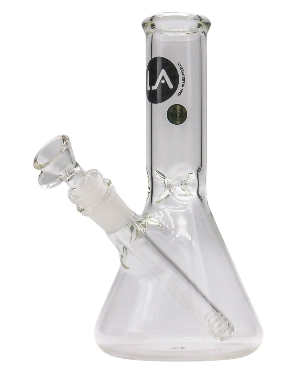A studio shot of the 8" Thick Glass Beaker Waterpipe, showing its clear glass construction and classic beaker shape.