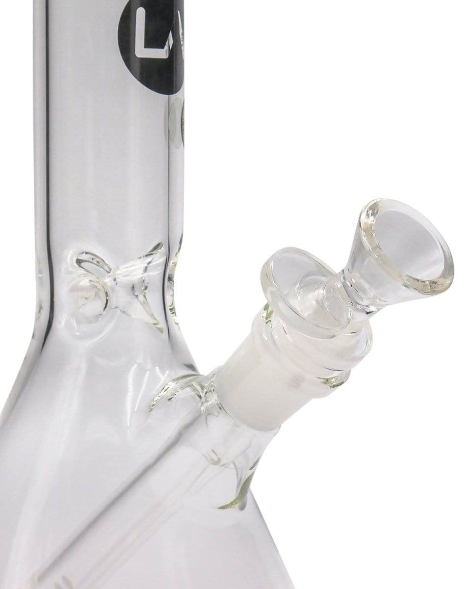 A close-up, angled view of the 8" Thick Glass Beaker Waterpipe, focusing on its clear glass construction and joint detail.