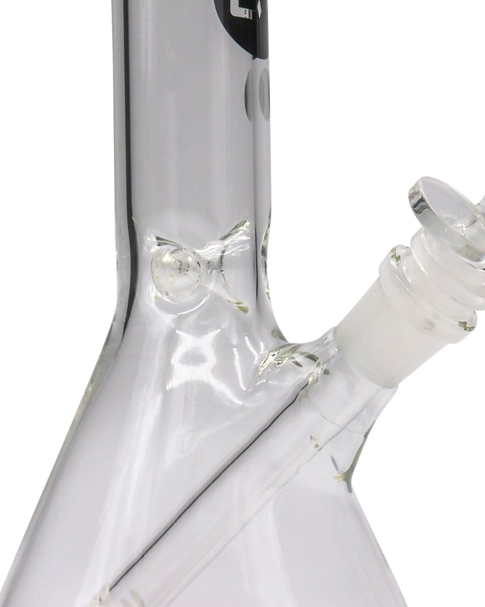 A close-up, angled view of the 8" Thick Glass Beaker Waterpipe, showing its clear glass construction and simple design.