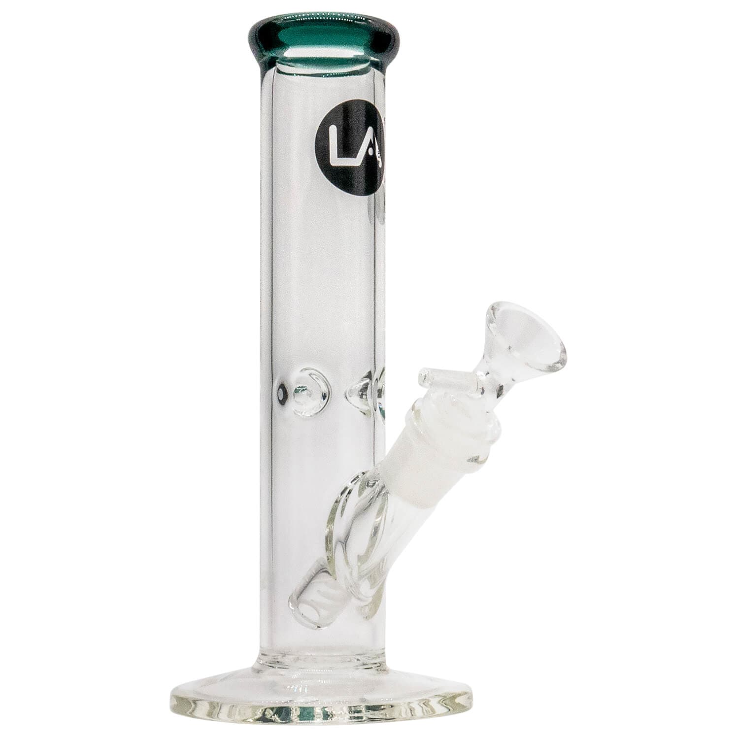A studio shot of the 8-inch LA Pipes Straight Shooter Bong, displaying its clear glass construction and simple, cylindrical shape.