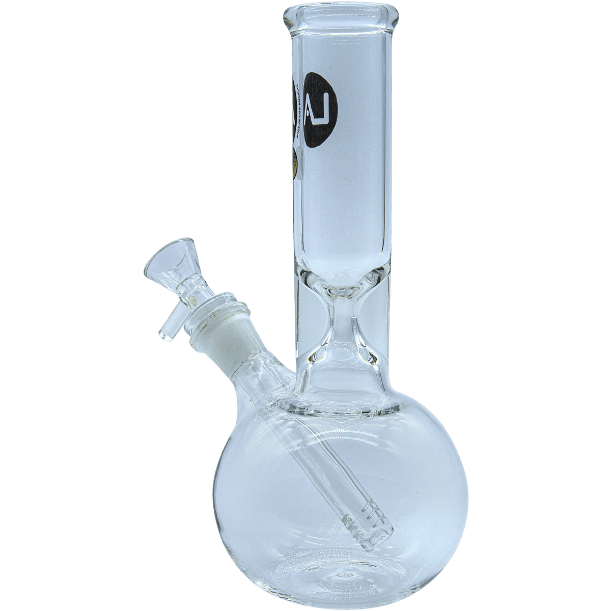 Front view of the “Baller” Bubble Base Bong, a clear glass water pipe with a rounded base and simple cylindrical neck.