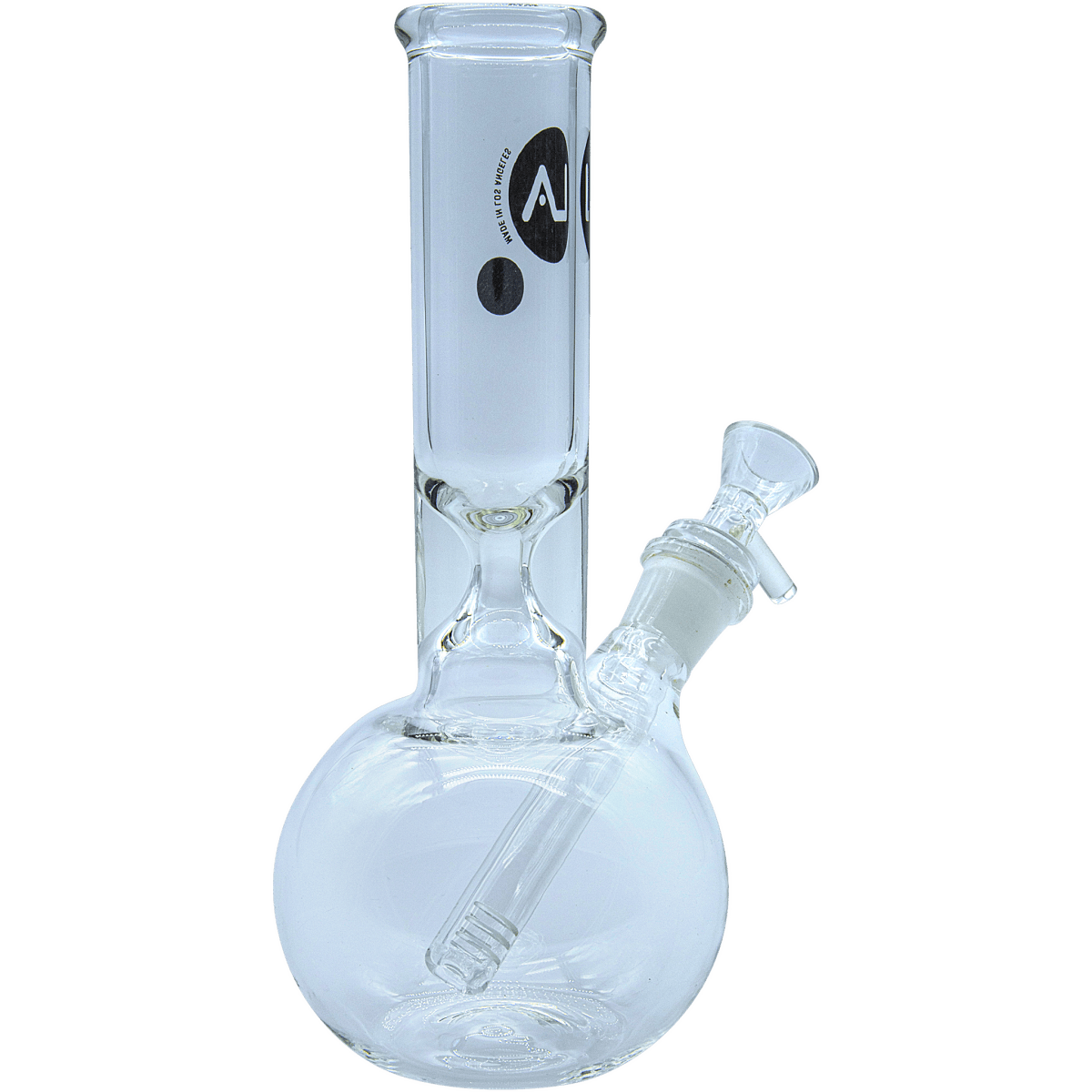 A front view of the “Baller” Bubble Base Bong, showing its clear glass construction and rounded bubble shape.