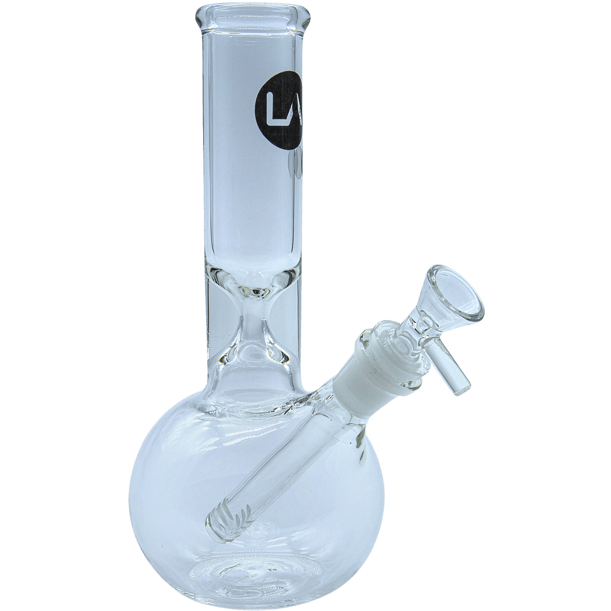 A front view of the “Baller” Bubble Base Bong, showcasing the clear glass bubble base and simple cylindrical neck.