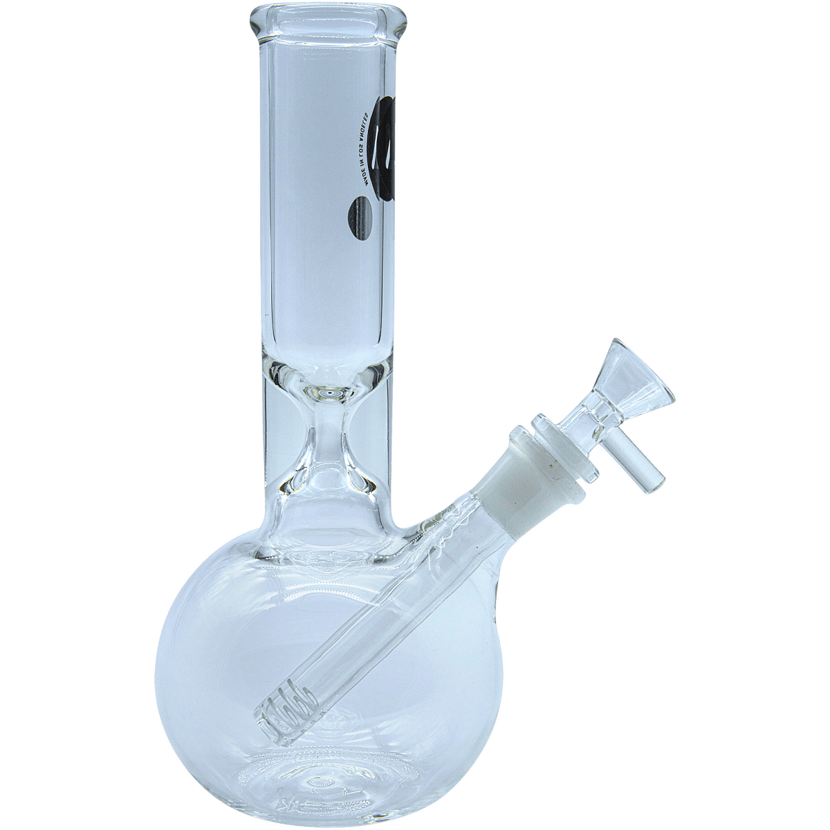 A slightly angled view of the “Baller” Bubble Base Bong, showcasing its clear glass construction and rounded base.