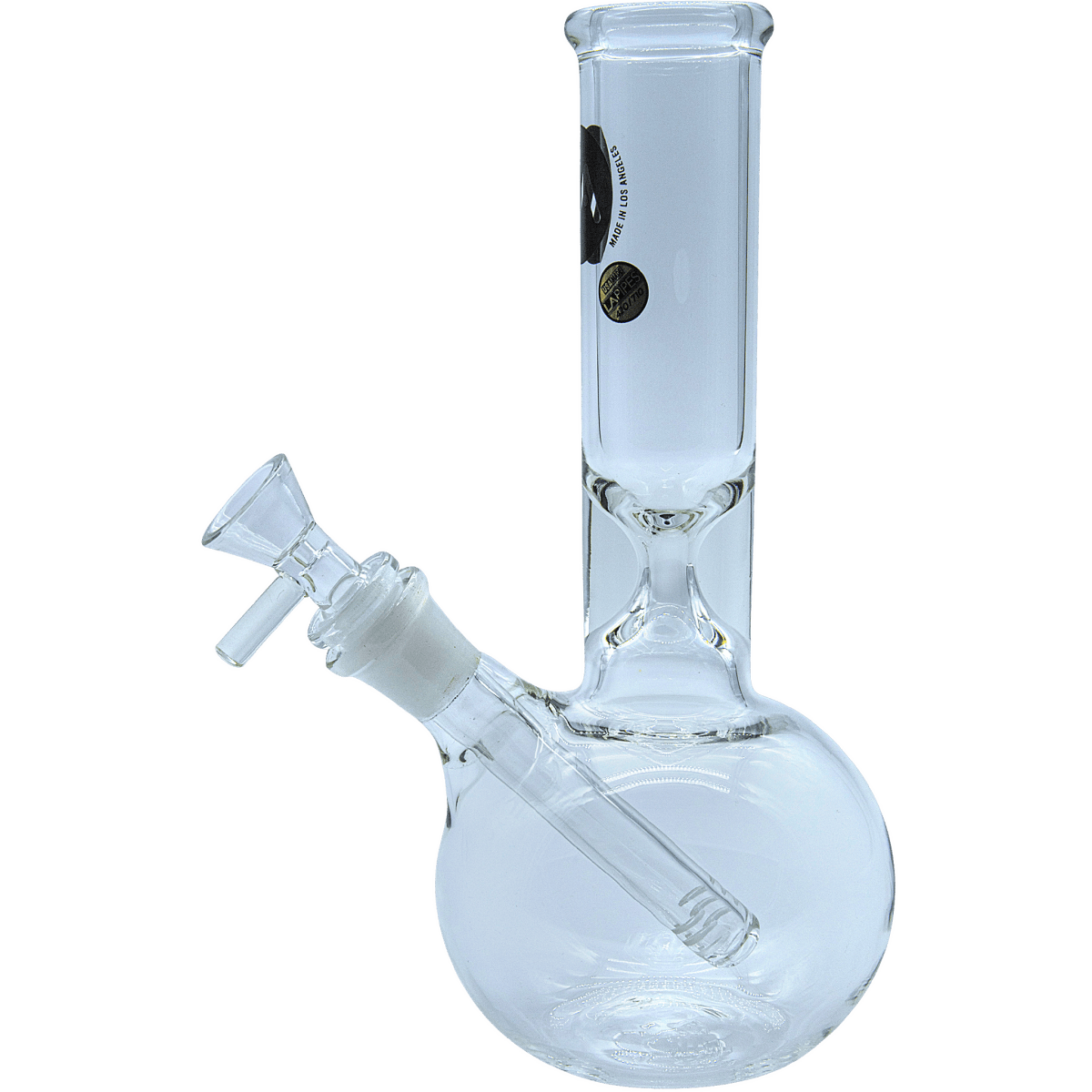 A studio shot of the “Baller” Bubble Base Bong, showing the clear glass curved base and joint detail from a slightly elevated angle.