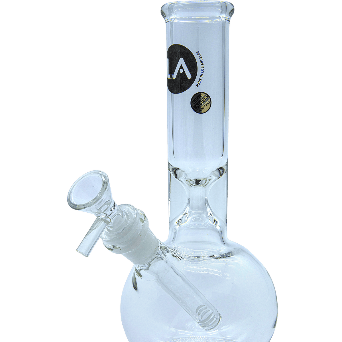 A studio shot of the “Baller” Bubble Base Bong, featuring a clear glass construction and rounded base from a slightly angled perspective.