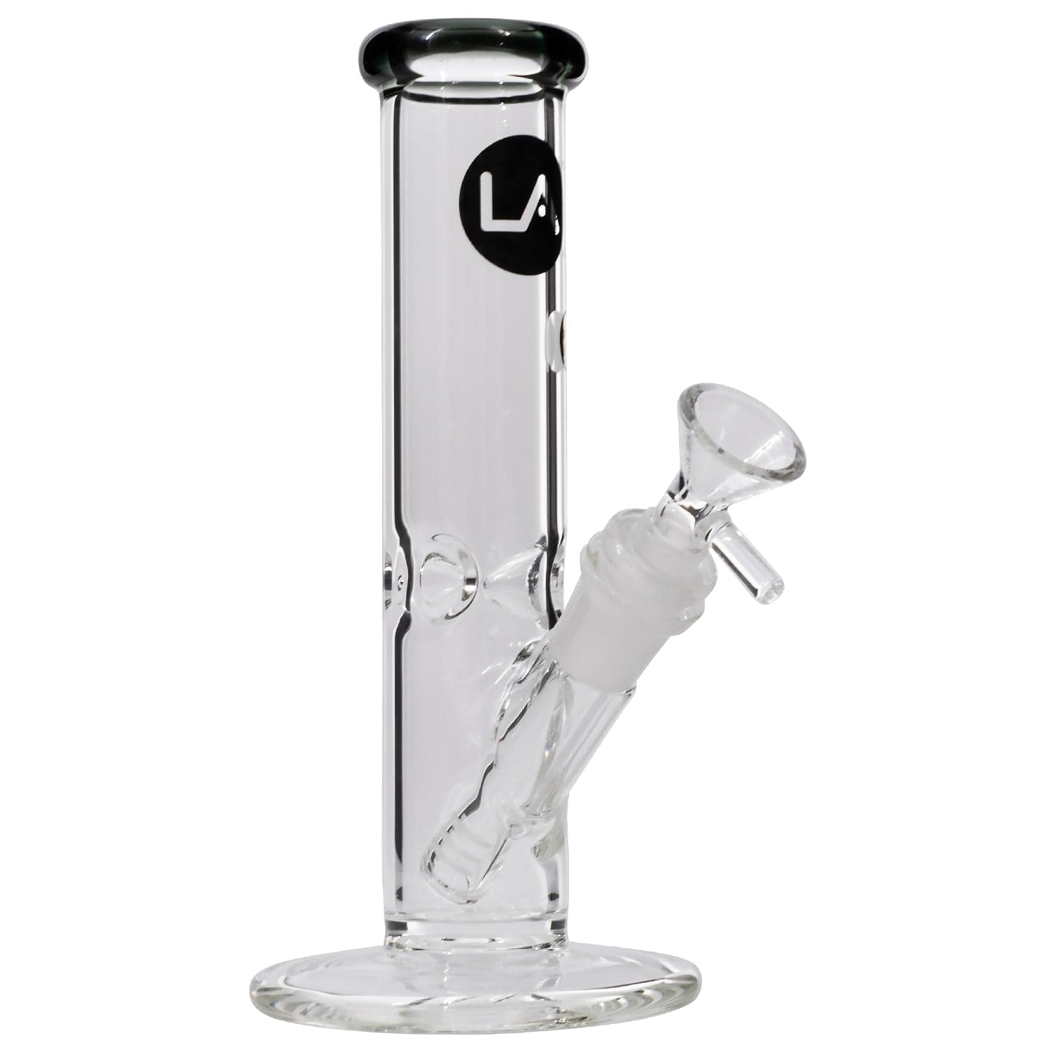 A front view of the 8-inch LA Pipes Straight Shooter Bong, showcasing its clear glass construction and simple cylindrical form.