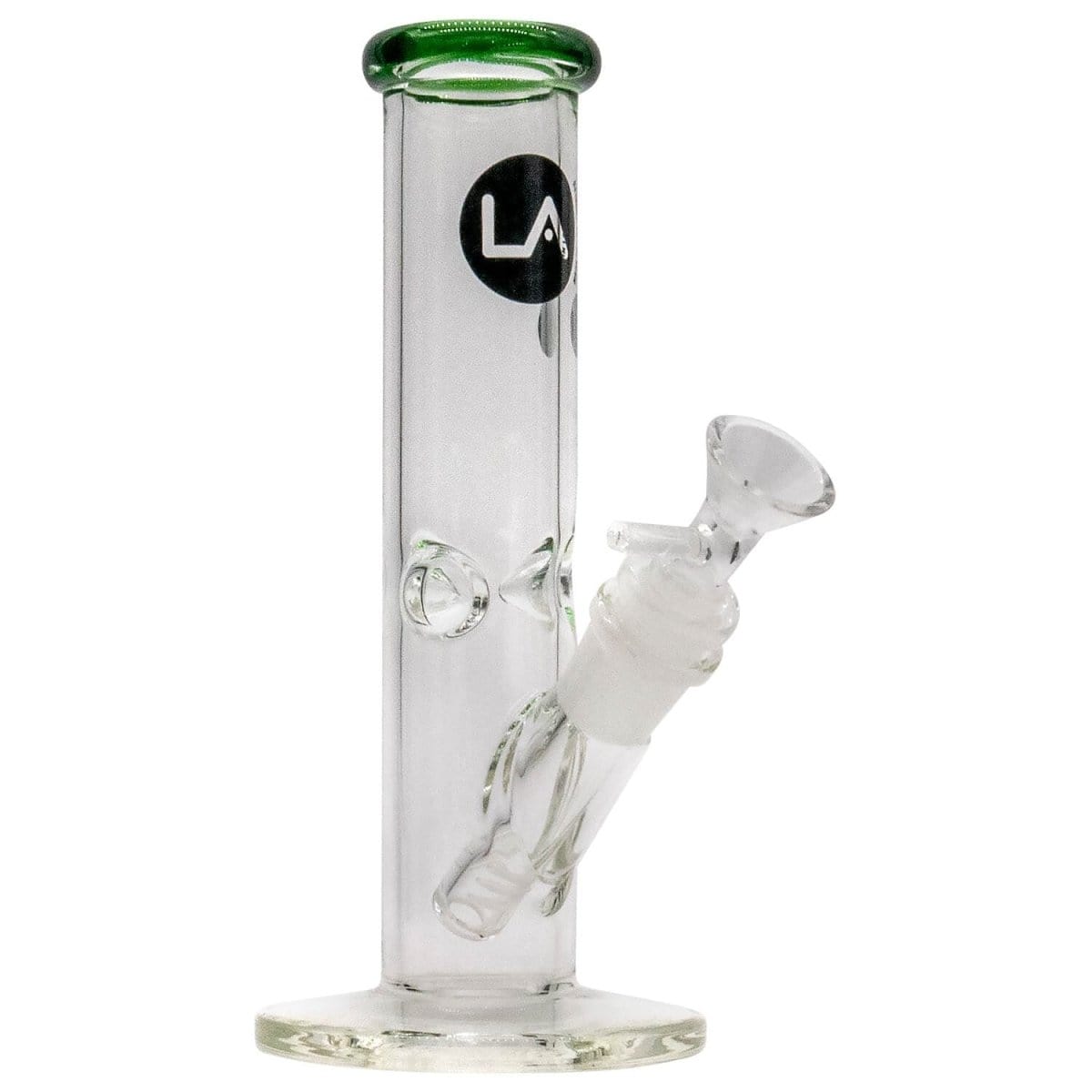 A front view of the 8-inch LA Pipes Straight Shooter Bong, showcasing its clear glass construction and simple cylindrical shape.