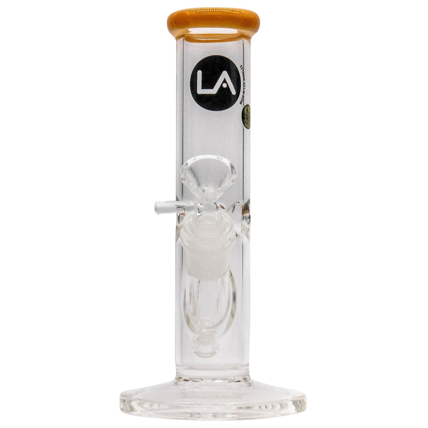 A straight-on view of the 8-inch LA Pipes Straight Shooter Bong, showcasing its clear glass construction and simple cylindrical shape.