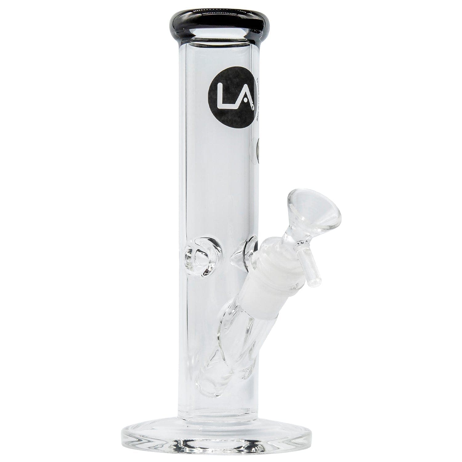 A straight-on view of the 8-inch LA Pipes Straight Shooter Bong, showcasing its clear glass construction and simple cylindrical shape.