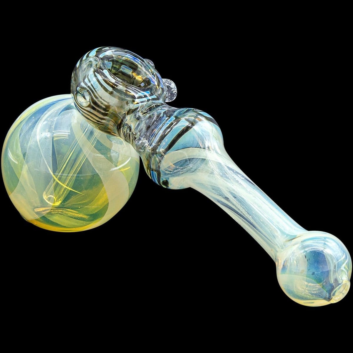 A three-quarter view of the “Raked Hammer” Fumed Hammer Bubbler Pipe, showcasing its colorful, swirled glass design.