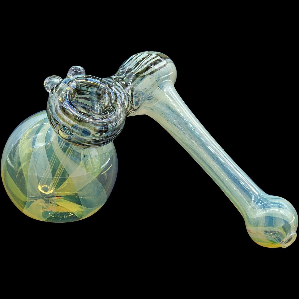 A three-quarter view of the “Raked Sidecar” Fumed Sidecar Bubbler Pipe, showing its colorful glass design and curved form against a dark background.