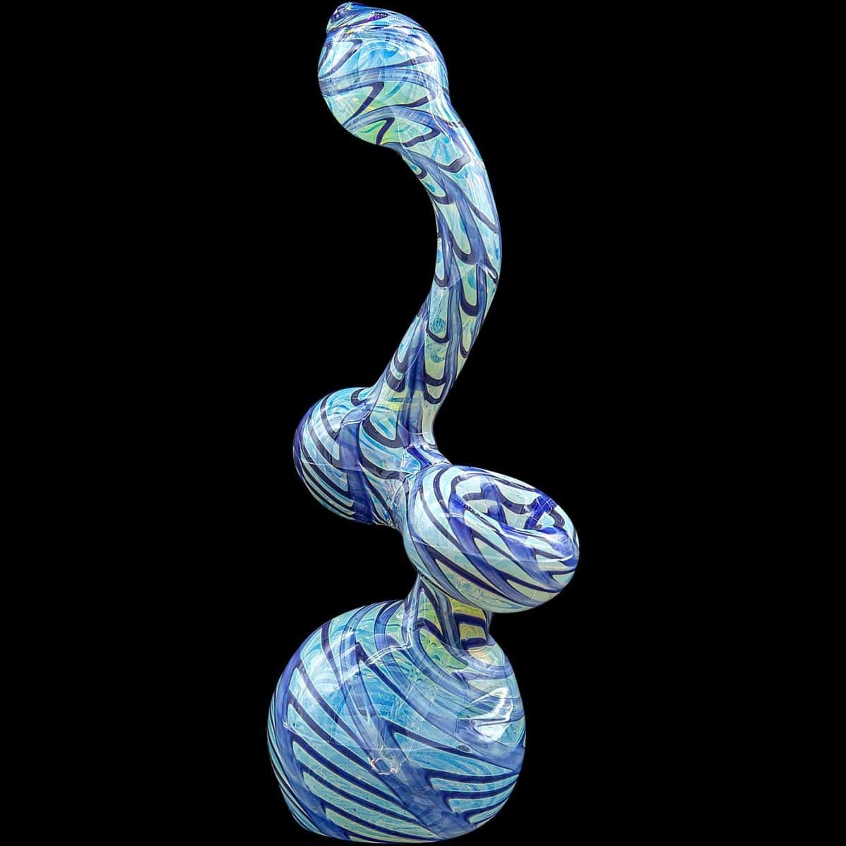 A vibrant, angled view of the “Bubble Lock” Color Raked Sherlock Bubbler Pipe, showcasing its colorful, raked glass design.