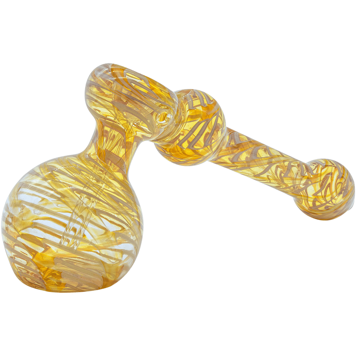 A close-up, angled view of the “Full Rake” Fumed Hammer Bubbler Pipe, showing its textured glass and unique shape.