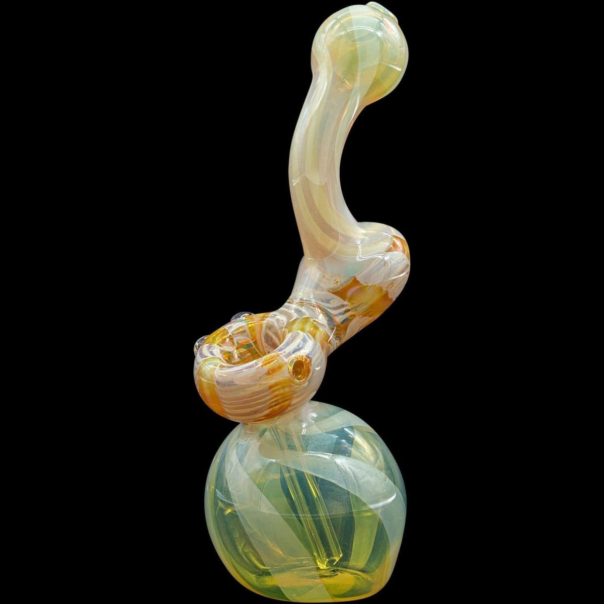 A side view of the “Rake Bubb” Fumed Sherlock Bubbler Pipe, showing the colorful glass curves and rounded base.