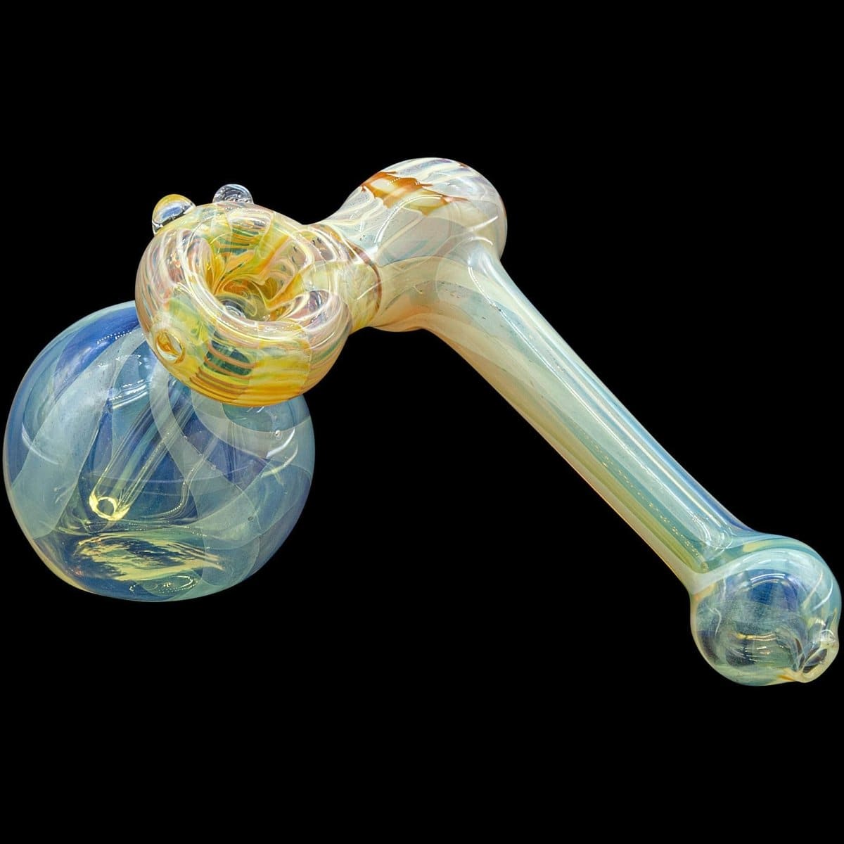 A close-up, angled view of the “Raked Sidecar” Fumed Sidecar Bubbler Pipe, showcasing its colorful, swirled glass design.