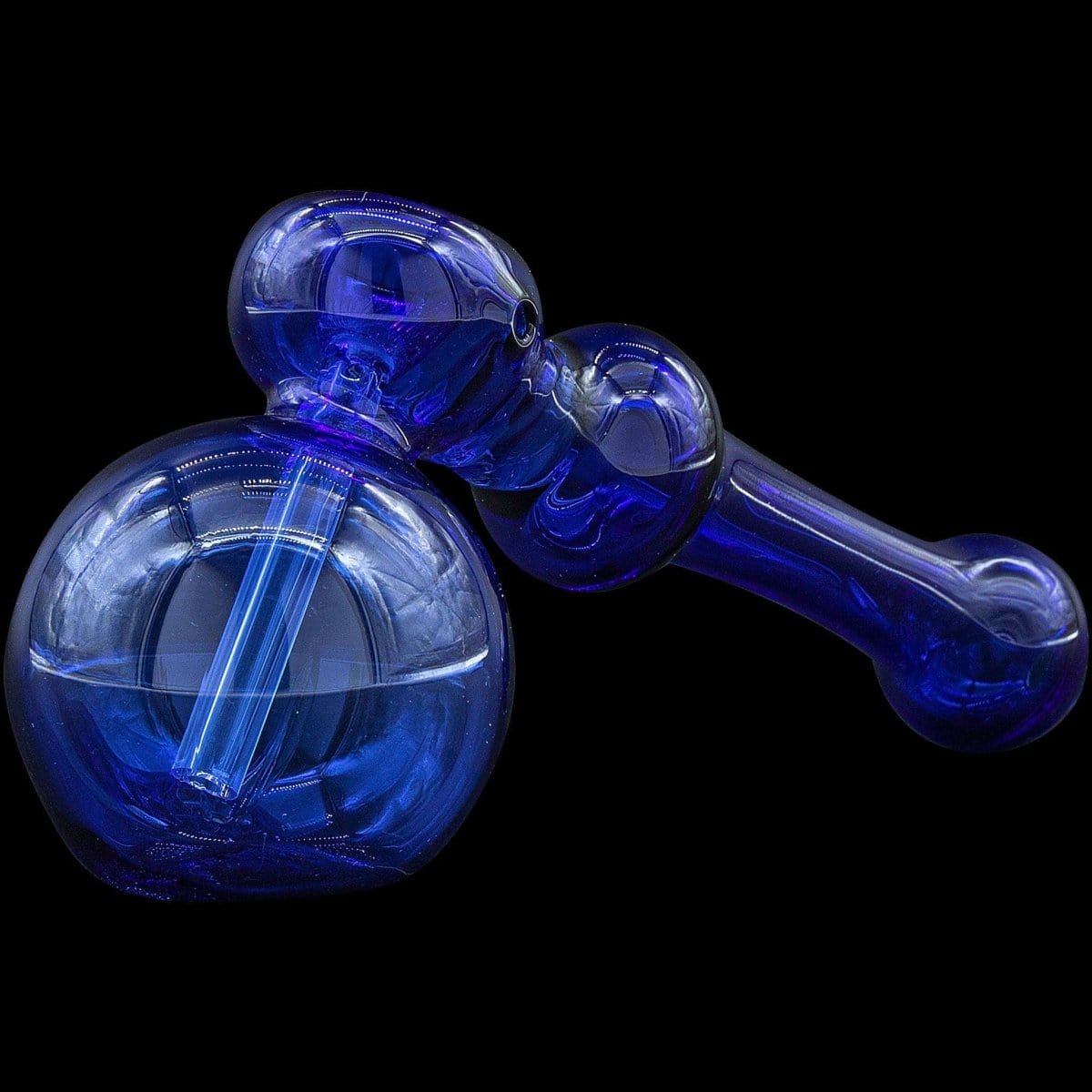 A studio shot of the “Glass Hammer” Glass Hammer Bubbler Pipe, showcasing its blue glass form in a side profile view.