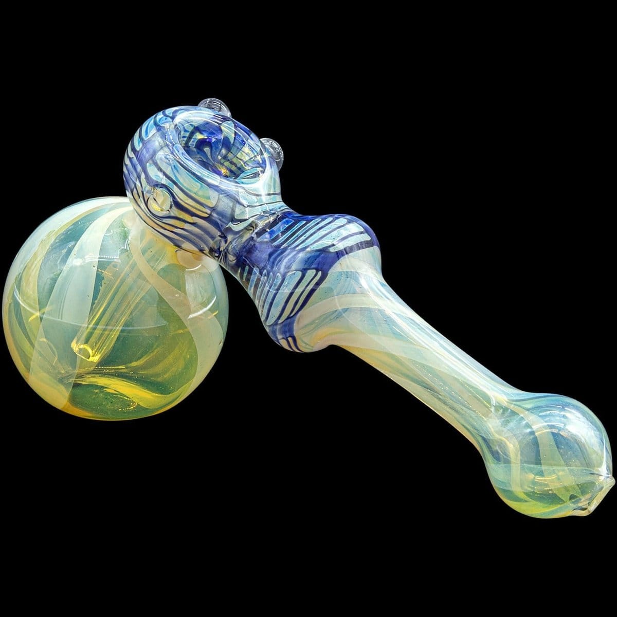 A side view of the “Raked Hammer” Fumed Hammer Bubbler Pipe, showcasing its colorful glass swirl design.