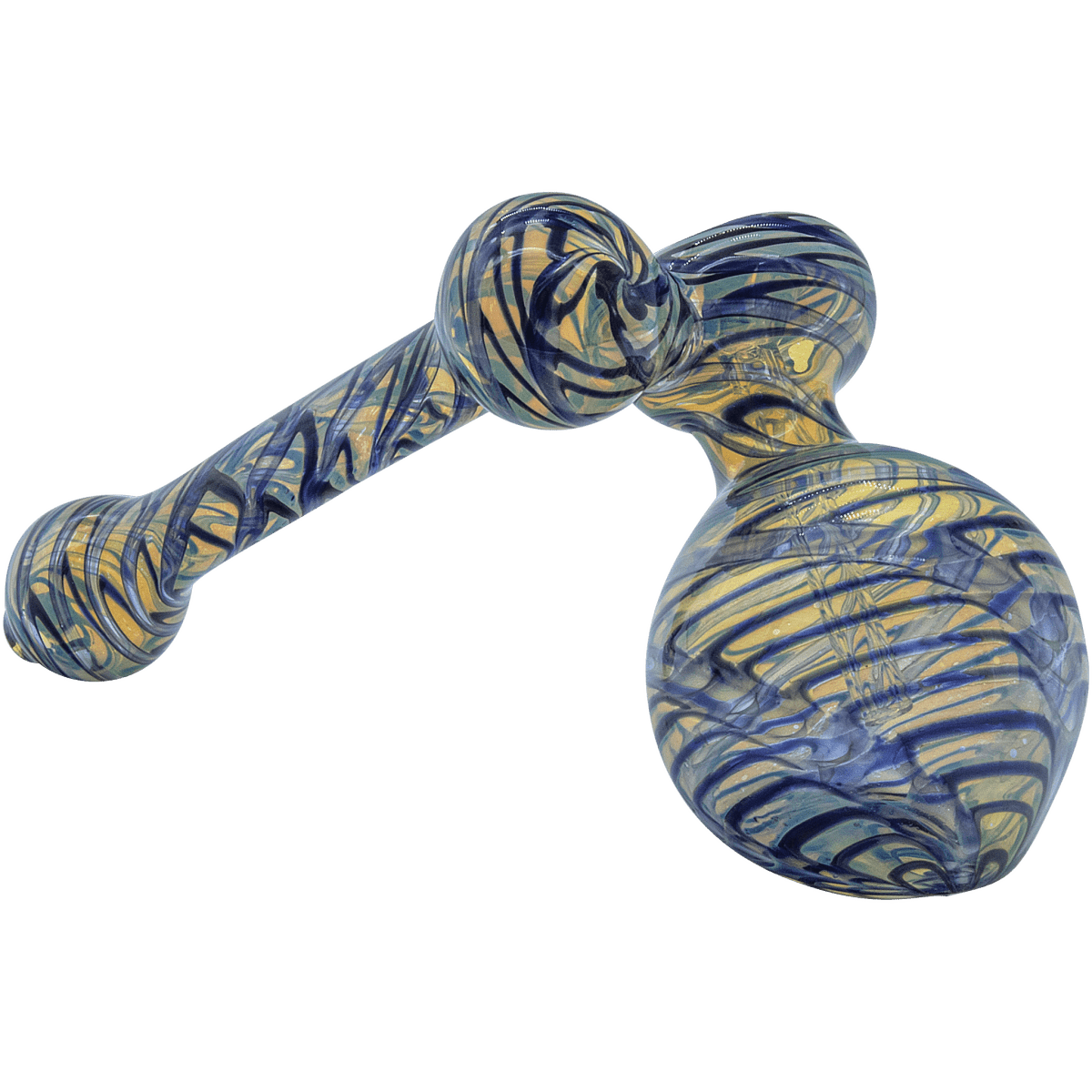 A studio shot of the “Colored Sidecar” Fumed Sidecar Bubbler Pipe with swirling blue and yellow glass.