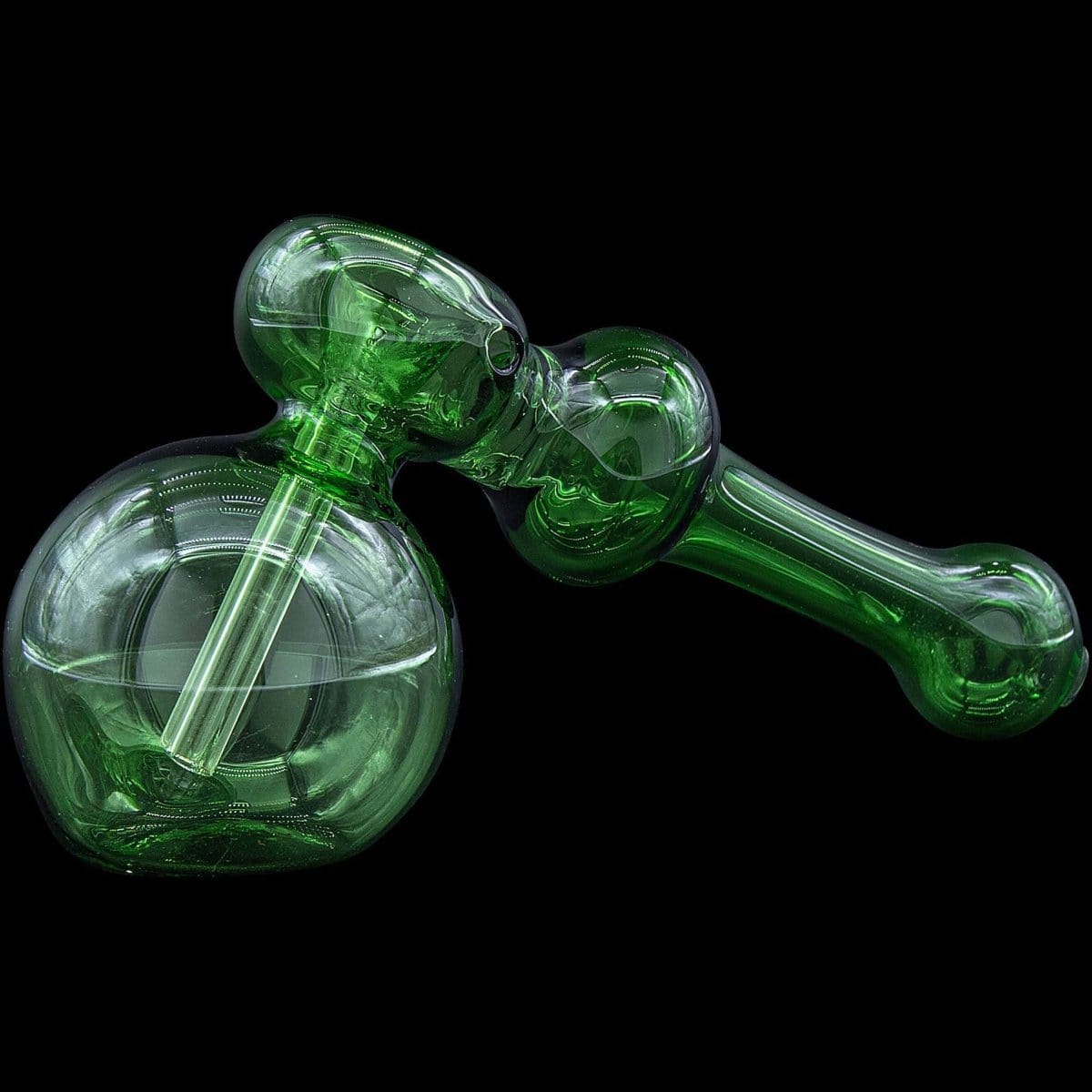 A studio shot displays the “Glass Hammer” Glass Hammer Bubbler Pipe in vibrant green glass, angled slightly from above.