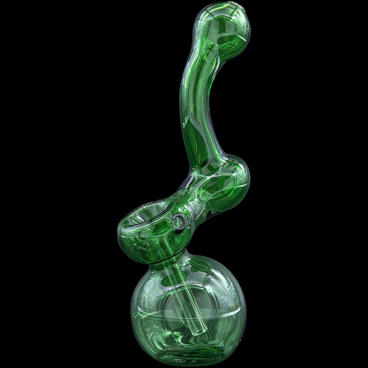 A side view of the “Sherbub” Glass Sherlock Bubbler Pipe, showing the curved green glass design against a dark backdrop.