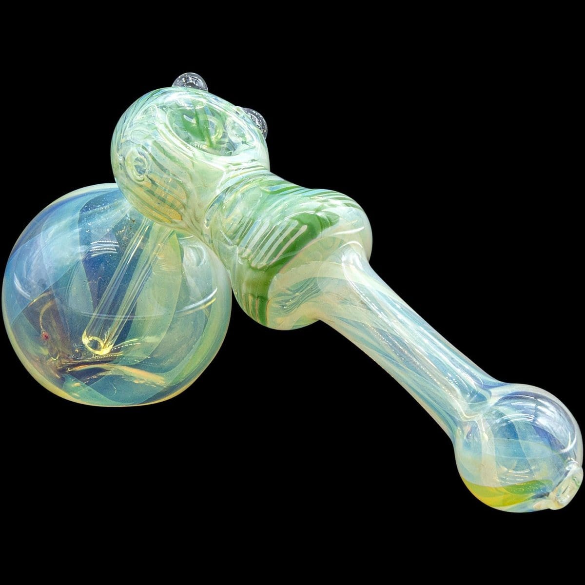 A side view of the “Raked Hammer” Fumed Hammer Bubbler Pipe, showcasing its colorful glass and unique, hammered shape.