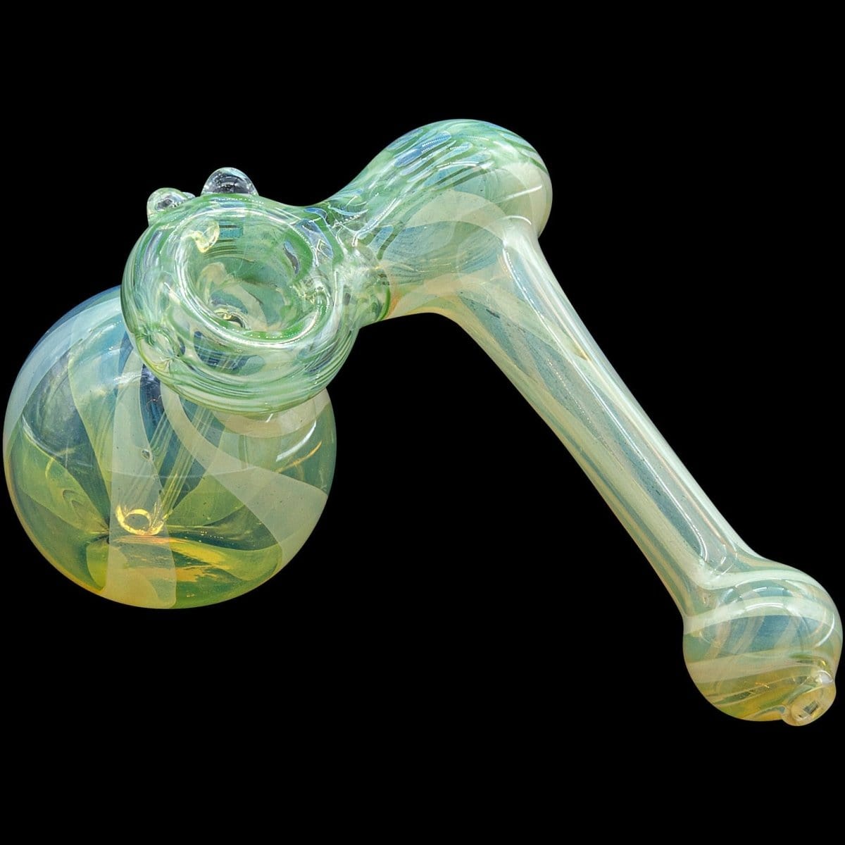 A three-quarter view of the “Raked Sidecar” Fumed Sidecar Bubbler Pipe, showcasing its swirling, translucent green glass design.