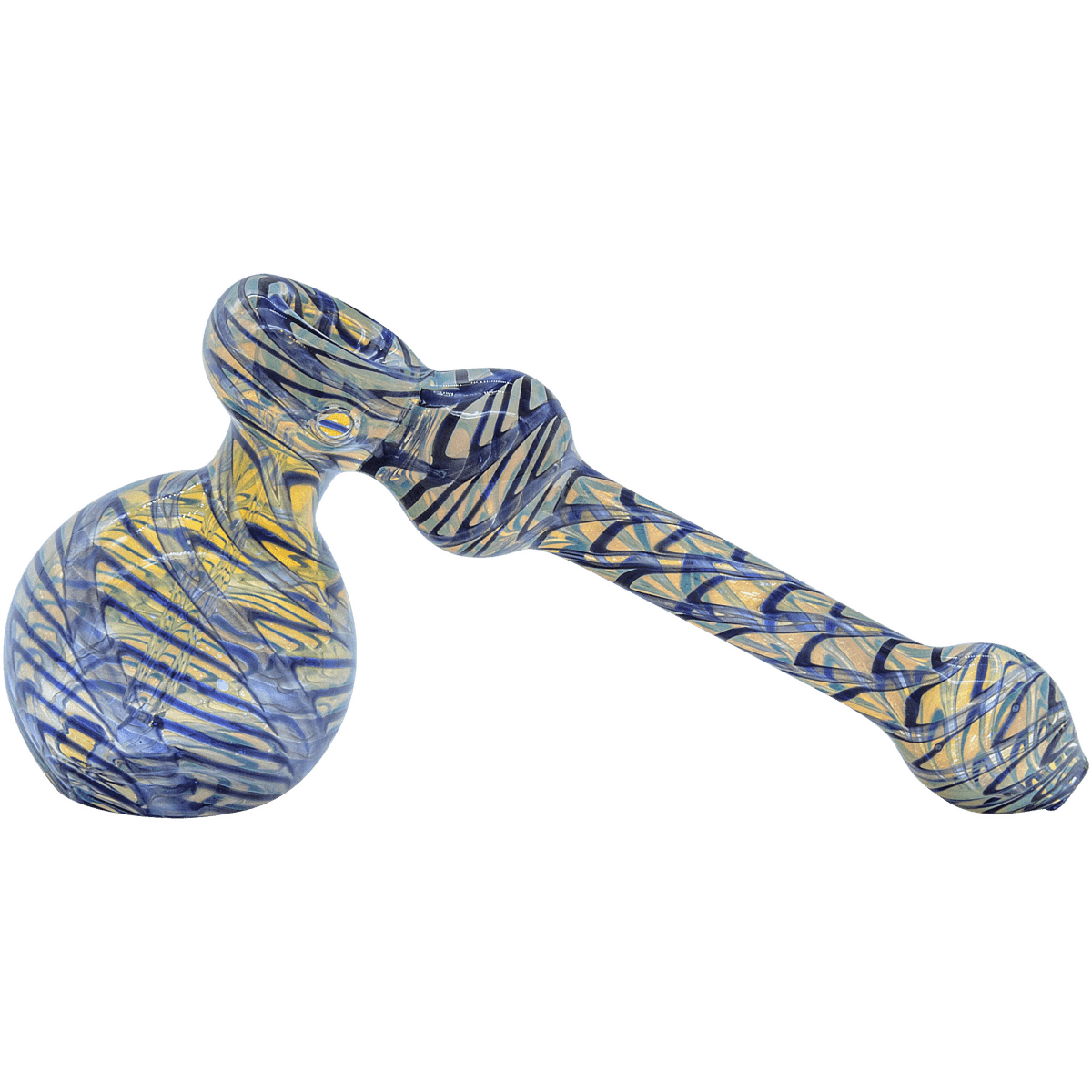 A side view of the “Full Rake” Fumed Hammer Bubbler Pipe, displaying a colorful, patterned glass design.