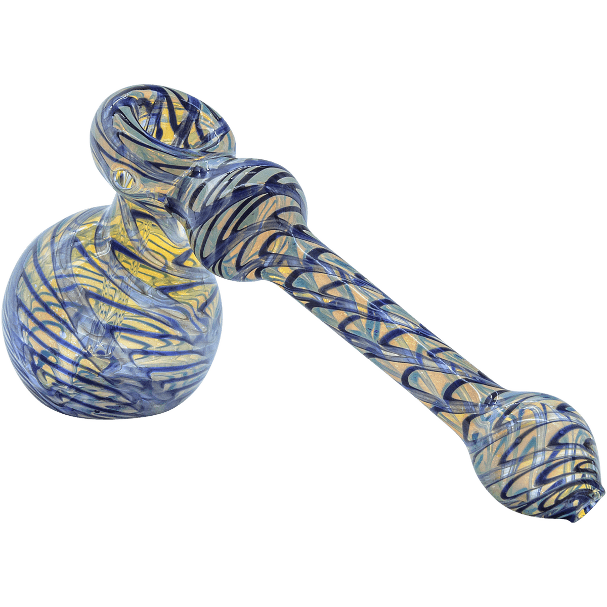A side view of the “Full Rake” Fumed Hammer Bubbler Pipe, showcasing its colorful, swirling glass pattern.