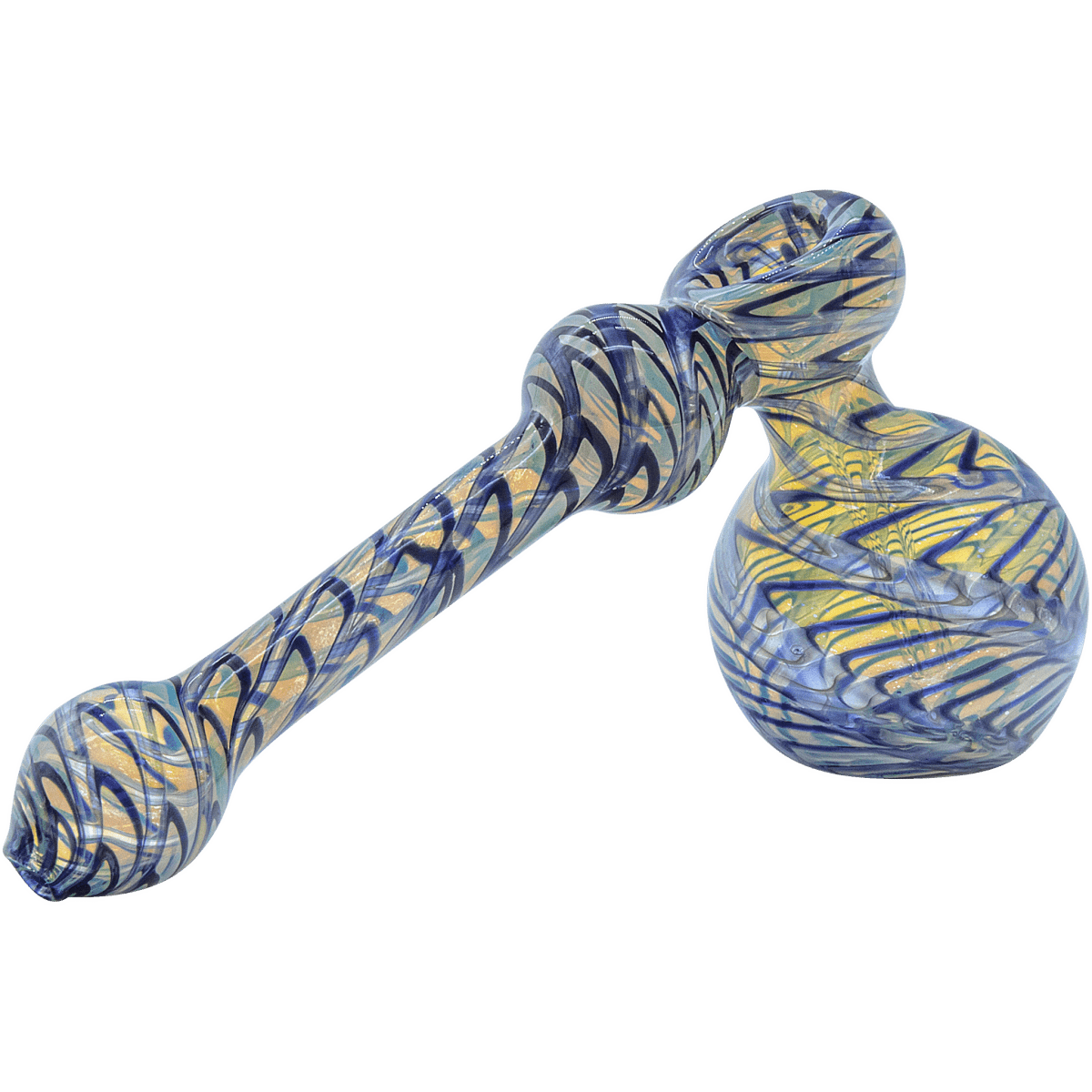 A front view of the “Full Rake” Fumed Hammer Bubbler Pipe, showing a colorful, fumed glass design.