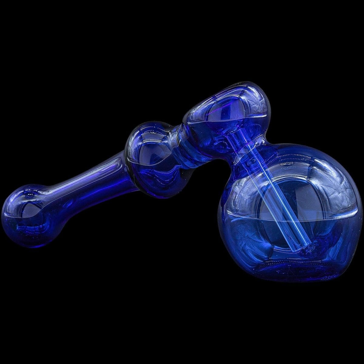 A close-up, angled view of the “Glass Hammer” Glass Hammer Bubbler Pipe, showcasing its blue glass construction and rounded shape.