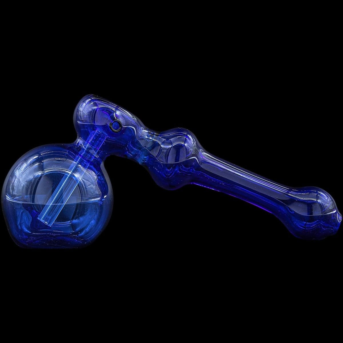 A front view of the “Glass Hammer” Glass Hammer Bubbler Pipe, showcasing its curved design and blue-tinted glass.