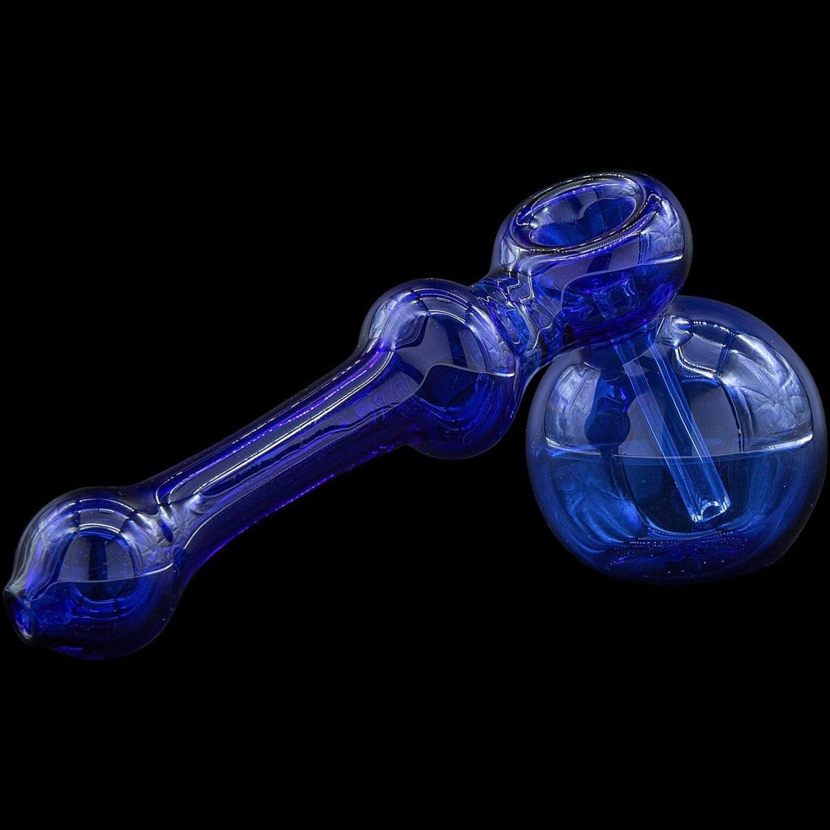 A front view of the “Glass Hammer” Glass Hammer Bubbler Pipe, showcasing its curved design in blue glass.