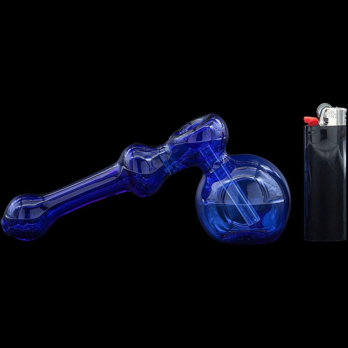 A studio shot of the “Glass Hammer” Glass Hammer Bubbler Pipe, showcasing its curved form against a black backdrop.