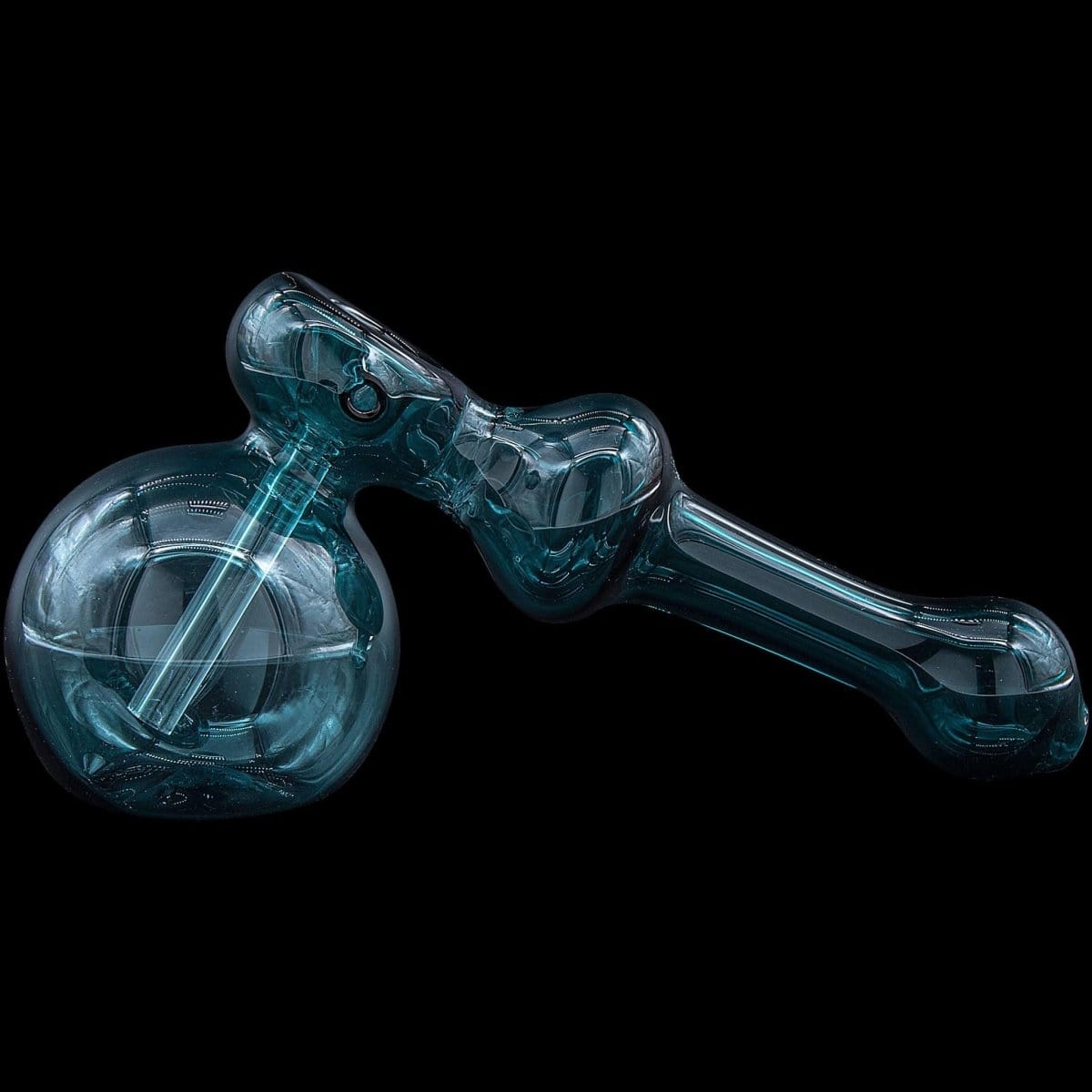 A slightly angled view of the “Glass Hammer” Glass Hammer Bubbler Pipe, showcasing its smooth curves and transparent glass construction.