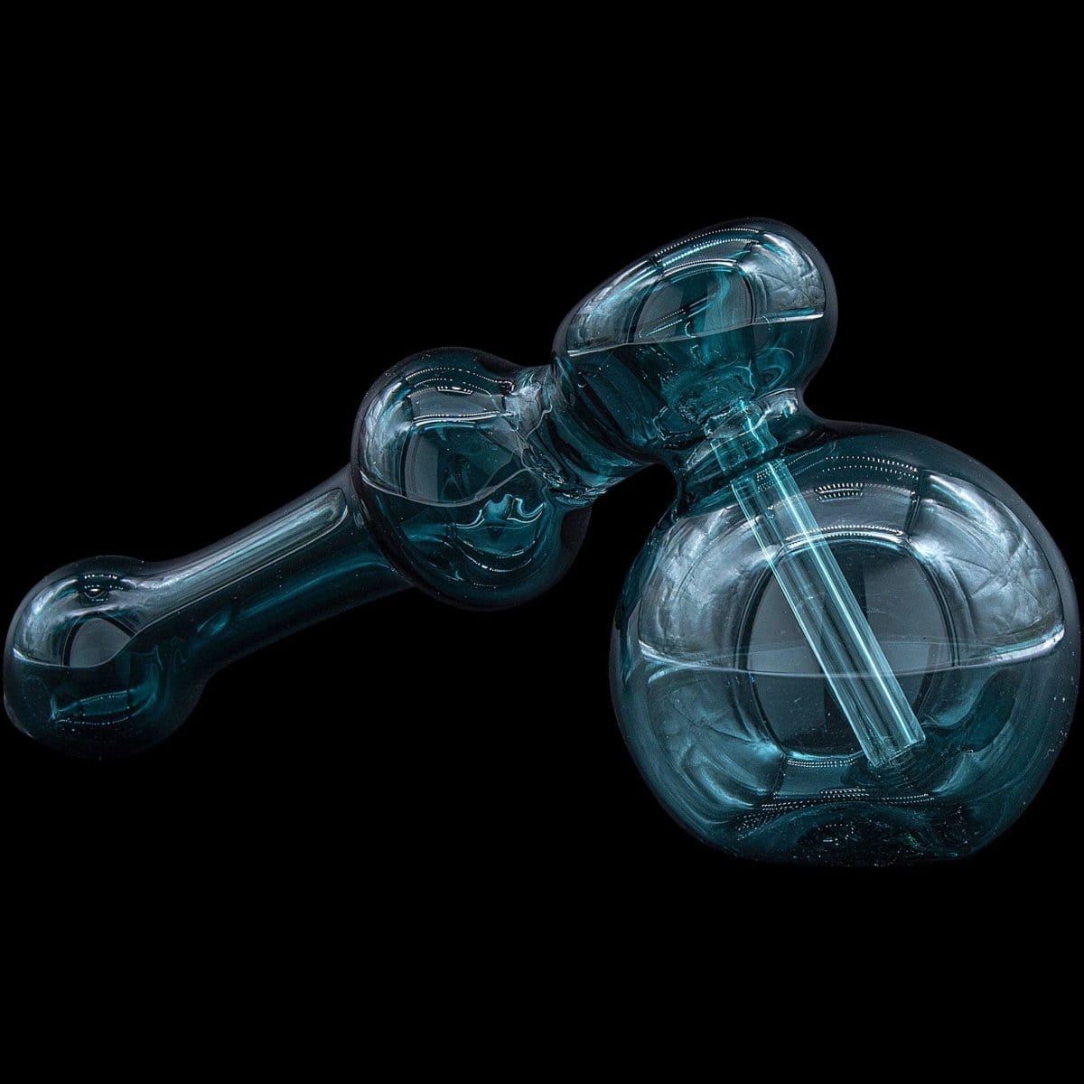 A detailed side view of the “Glass Hammer” Glass Hammer Bubbler Pipe, showcasing its curved design and transparent glass construction.