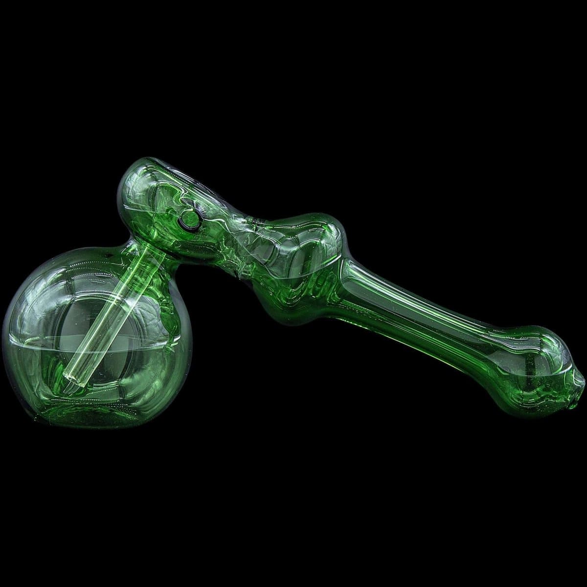 A side view of the “Glass Hammer” Glass Hammer Bubbler Pipe, showcasing its curved form and transparent glass construction.