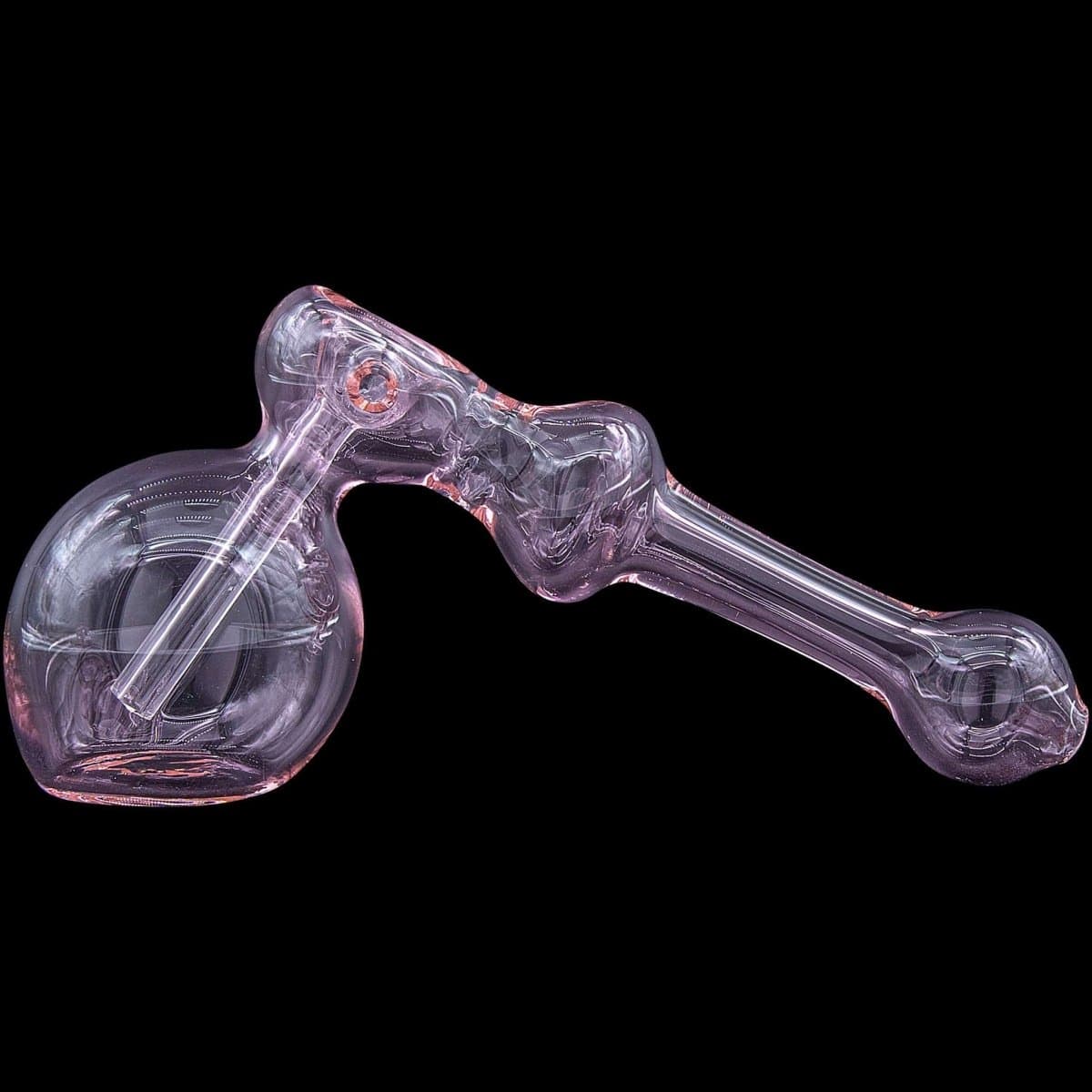 A three-quarter view of the “Glass Hammer” Glass Hammer Bubbler Pipe, showcasing its curved glass form against a dark background.