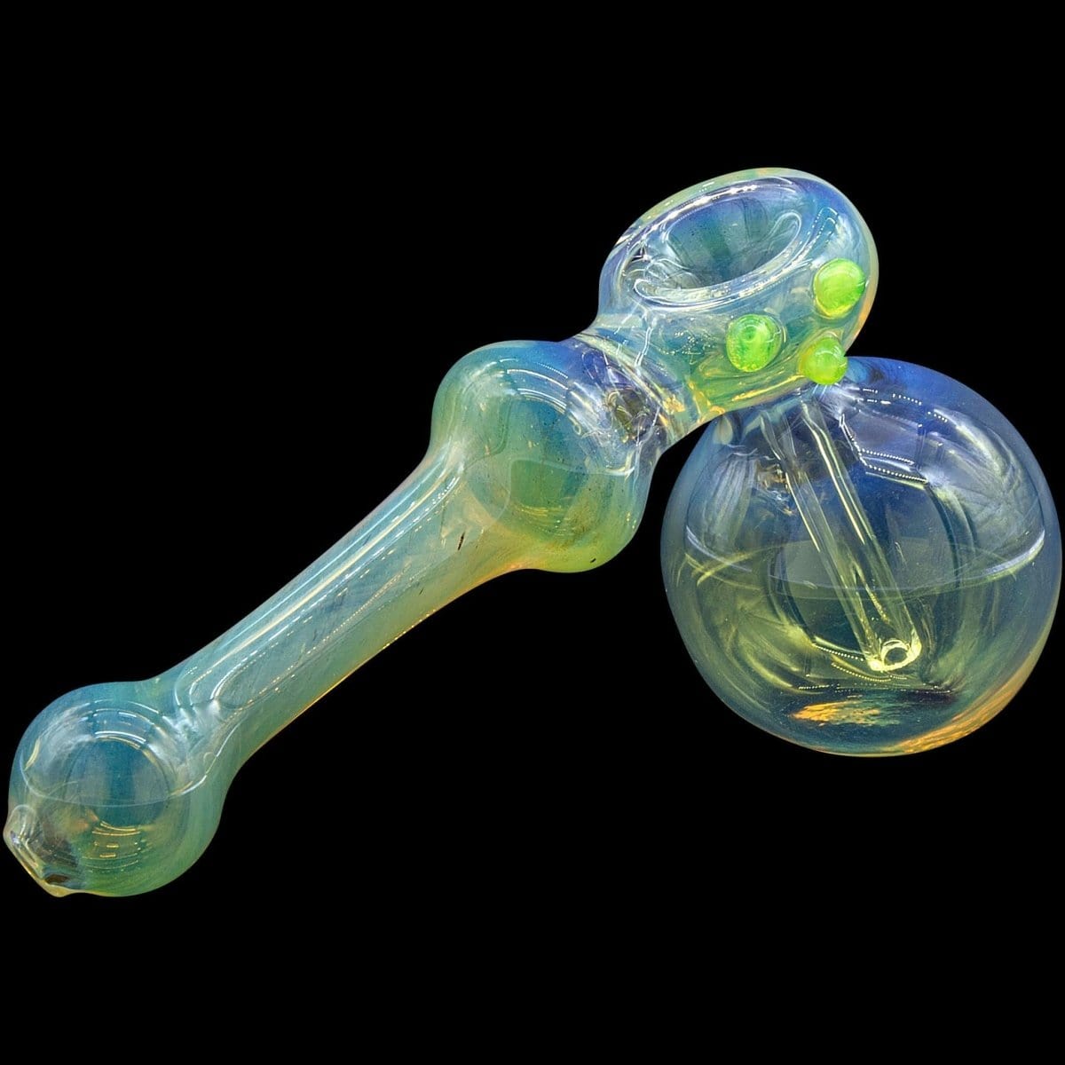 A close-up, angled view of the “Silver Hammer” Fumed Hammer Bubbler Pipe, displaying a colorful, glass bubbler.