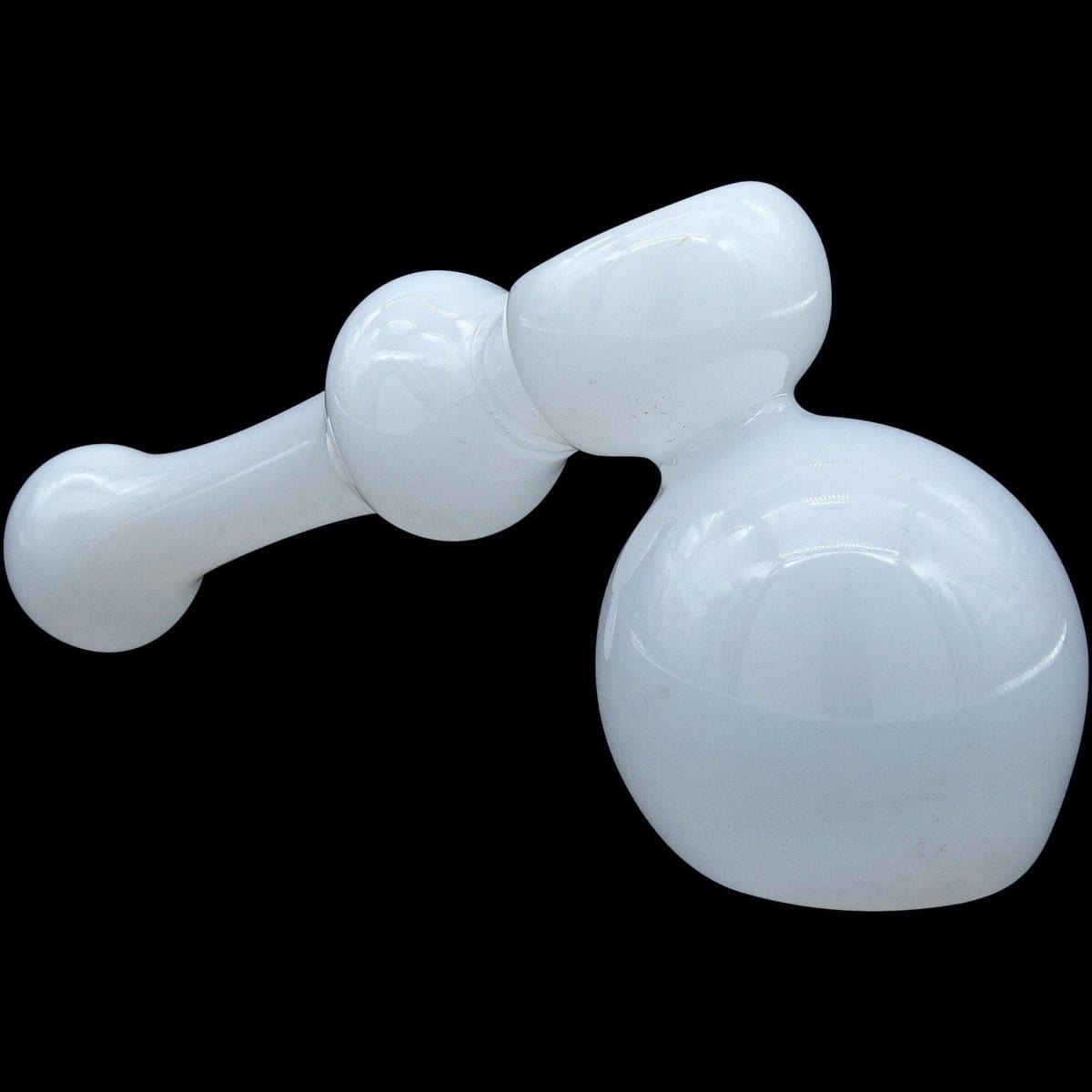 A side view of the “Ivory Hammer” Glass Hammer Bubbler Pipe, showing its curved neck and rounded glass body against a dark background.