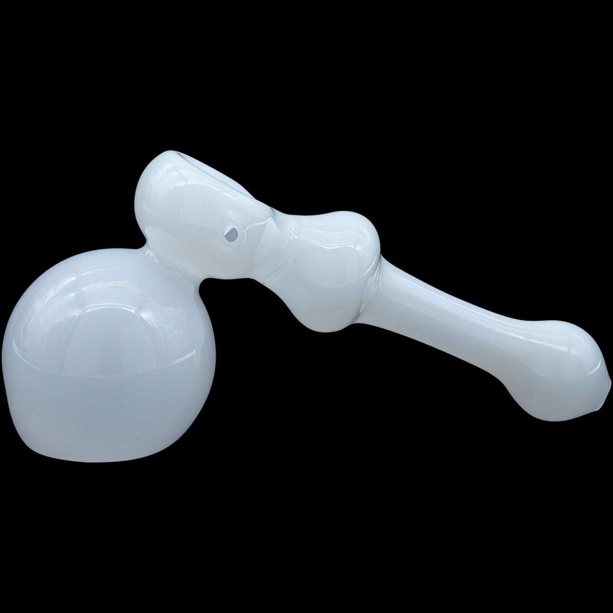 A side view of the “Ivory Hammer” Glass Hammer Bubbler Pipe, showcasing its curved shape and glossy finish against a dark backdrop.