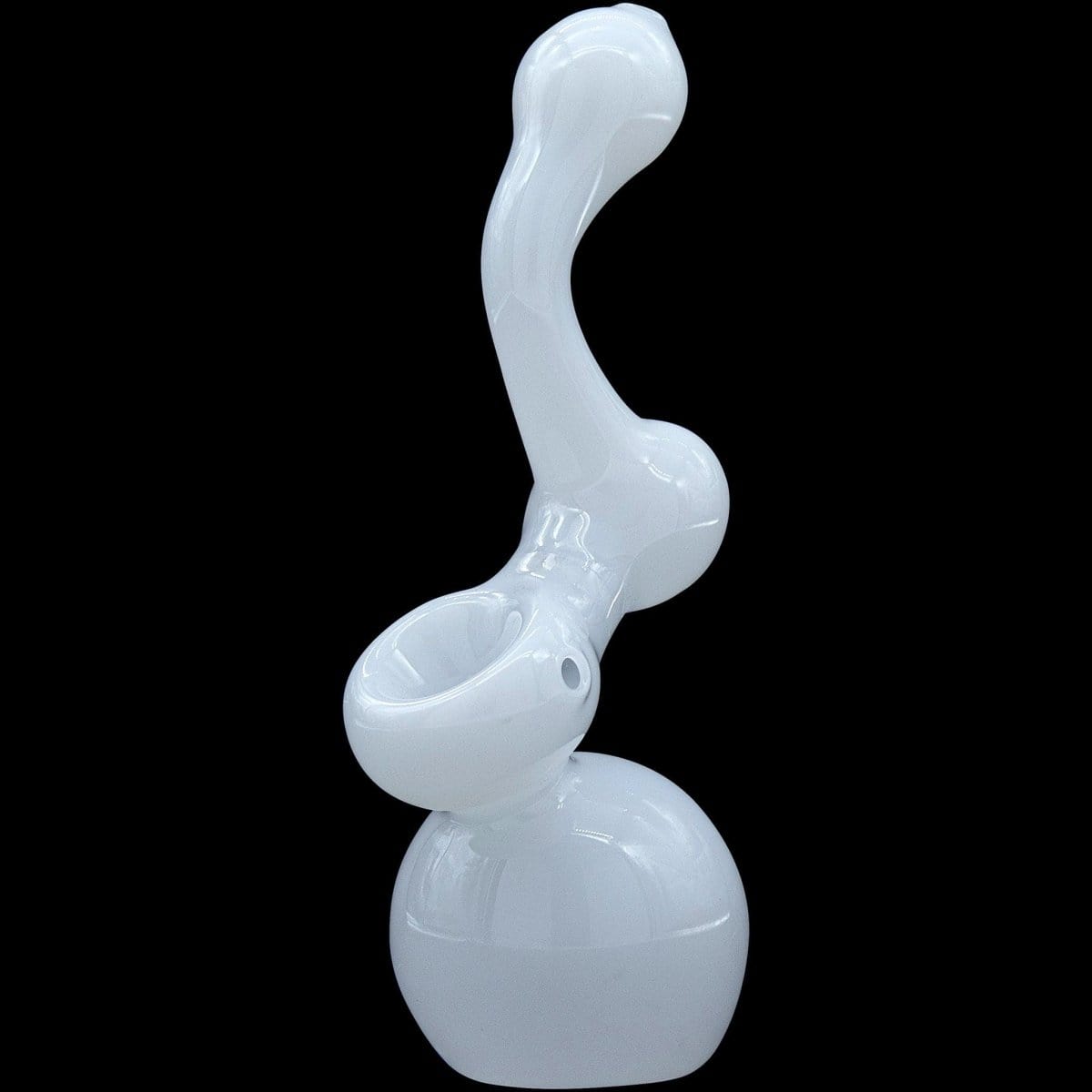 A front view of the “Ivory Sherlock” Glass Sherlock Bubbler Pipe, showcasing its curved design and clear glass construction.