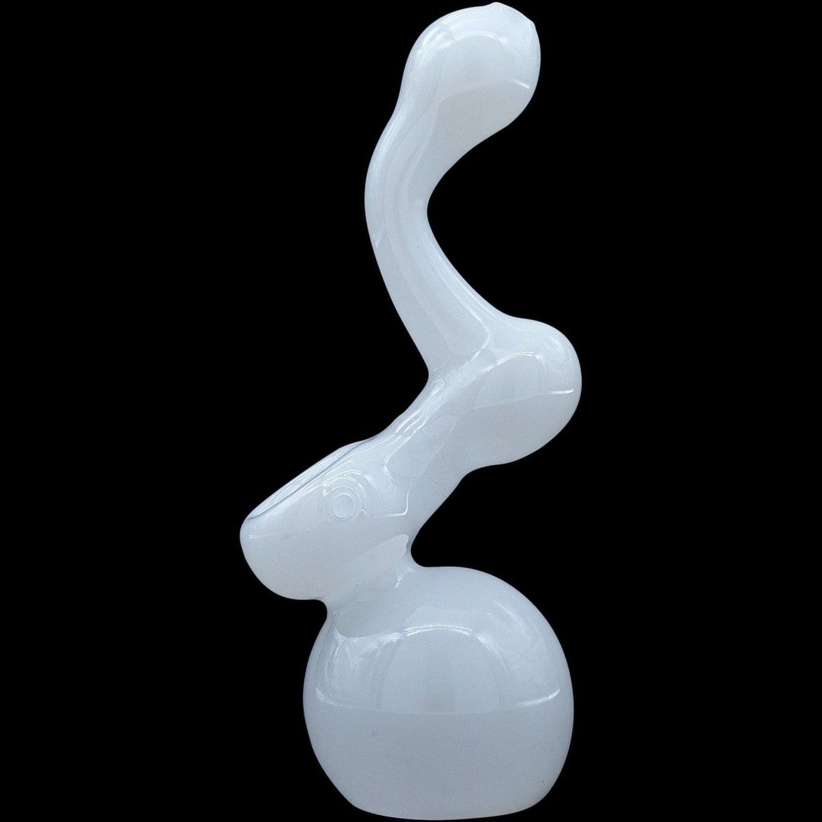 A front view of the “Ivory Sherlock” Glass Sherlock Bubbler Pipe, showcasing its curved form against a plain black background.